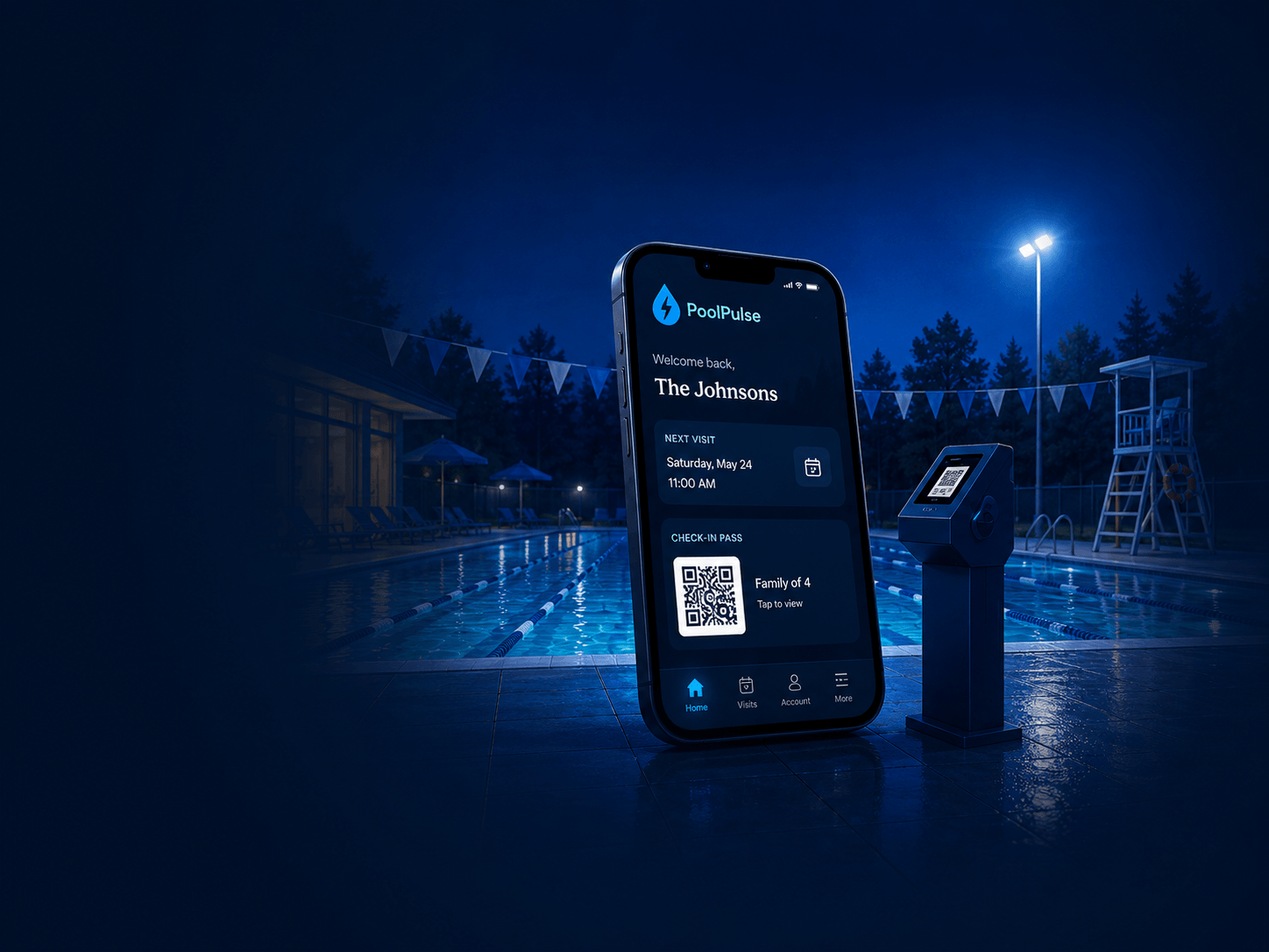 PoolPulse member portal on a phone beside a pool entrance kiosk showing a family check-in pass and upcoming reservation