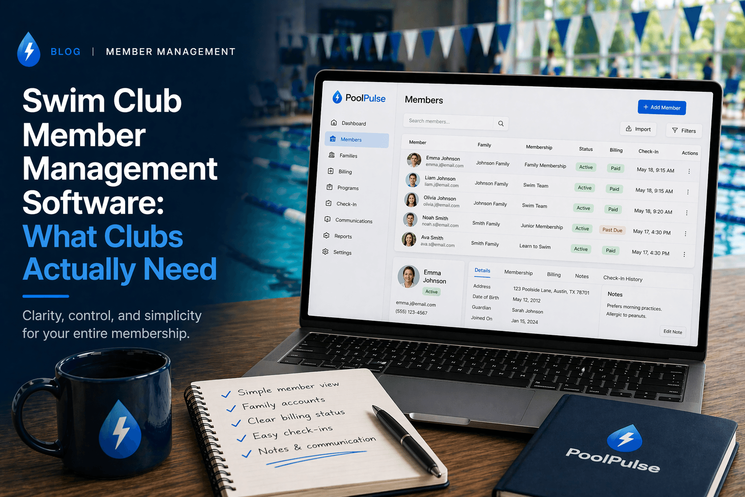 Editorial illustration for a swim club member management software guide