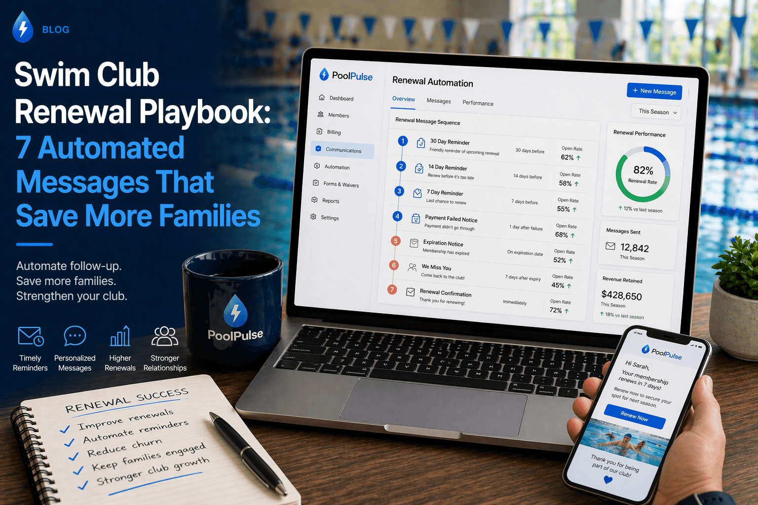 Editorial illustration for a swim club renewal messaging playbook