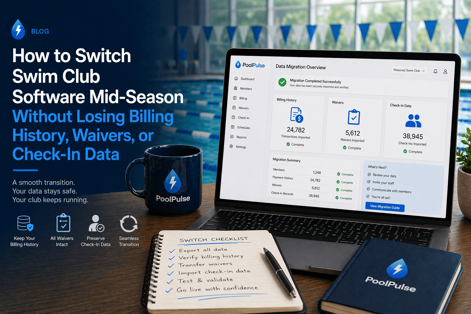 Editorial illustration for a mid-season swim club software migration checklist