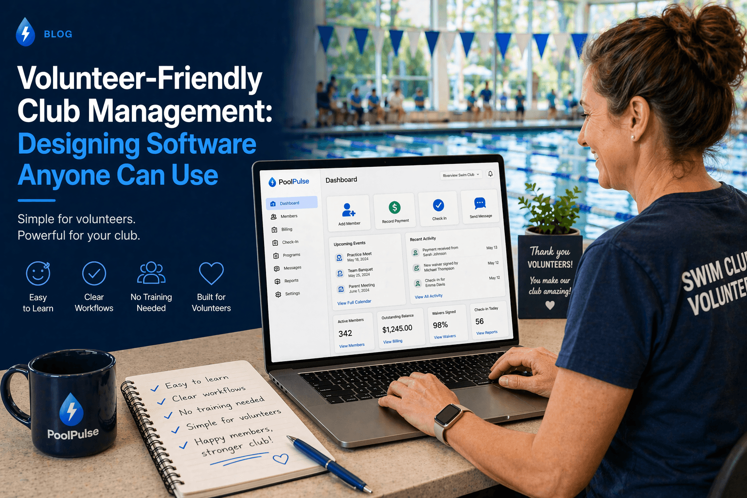 Volunteer-friendly club management featured image showing a volunteer using PoolPulse at a swim club