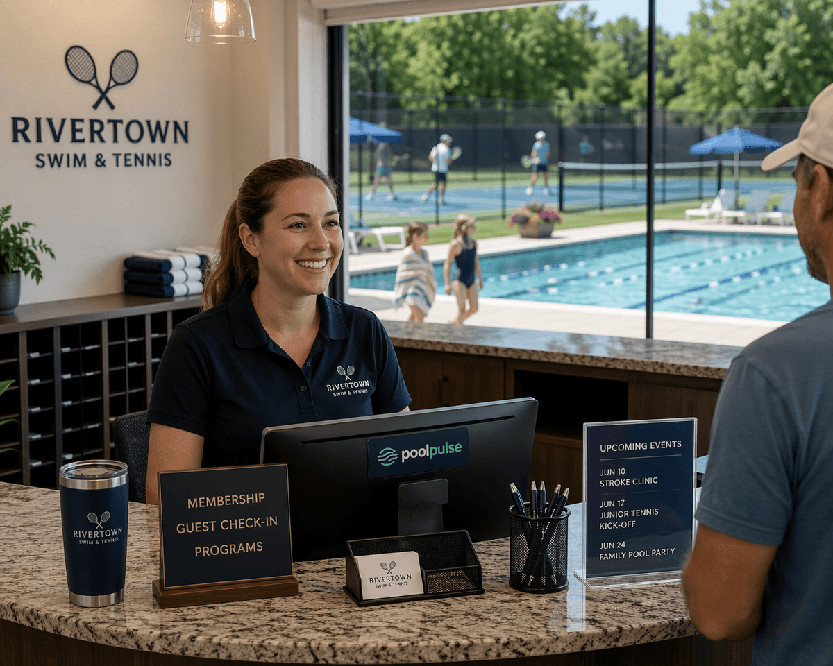 Front desk at a tennis and swim club with courts and pool visible behind the lobby
