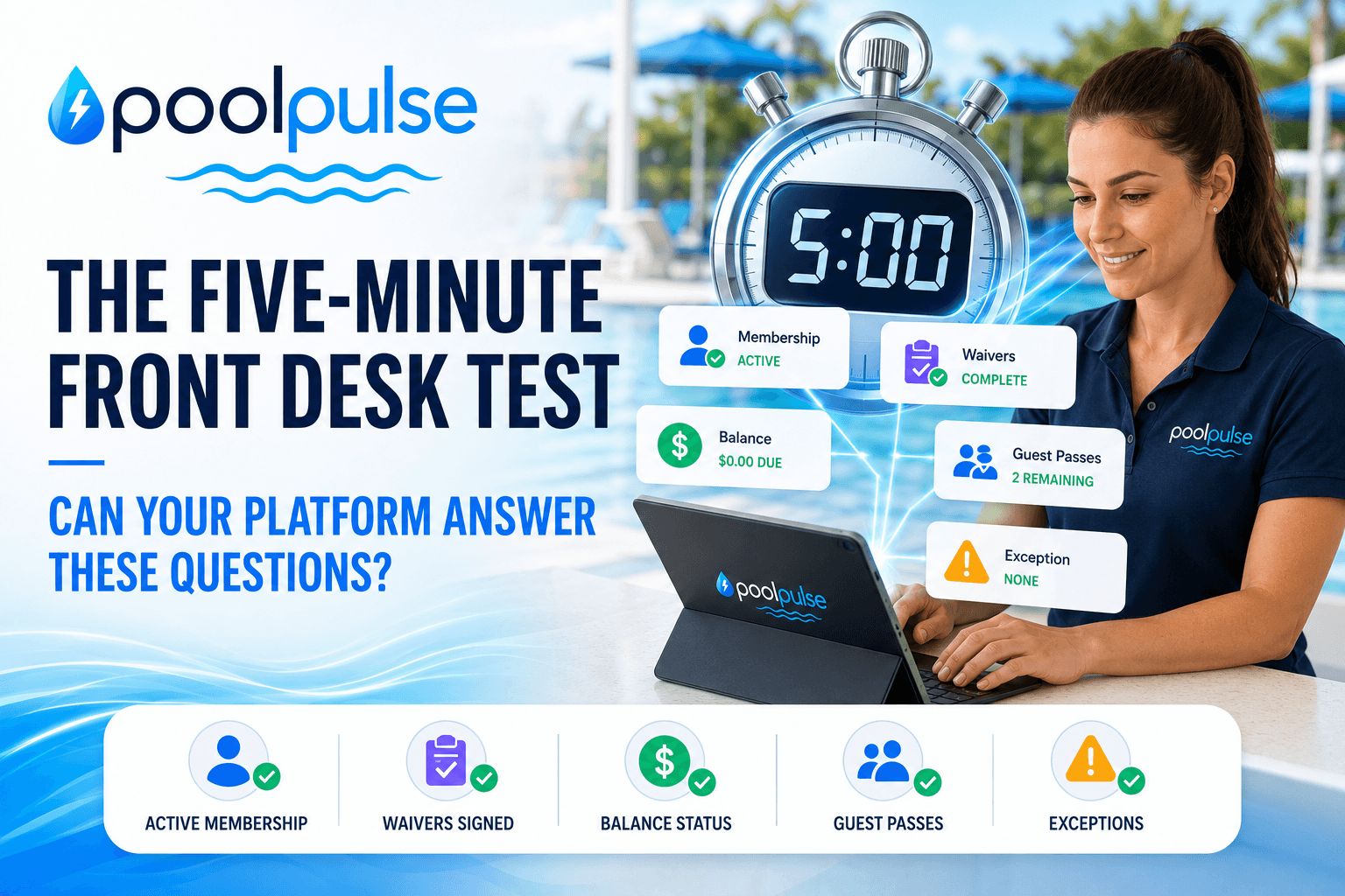 PoolPulse front desk check-in showing membership, waiver, balance, guest and exception status