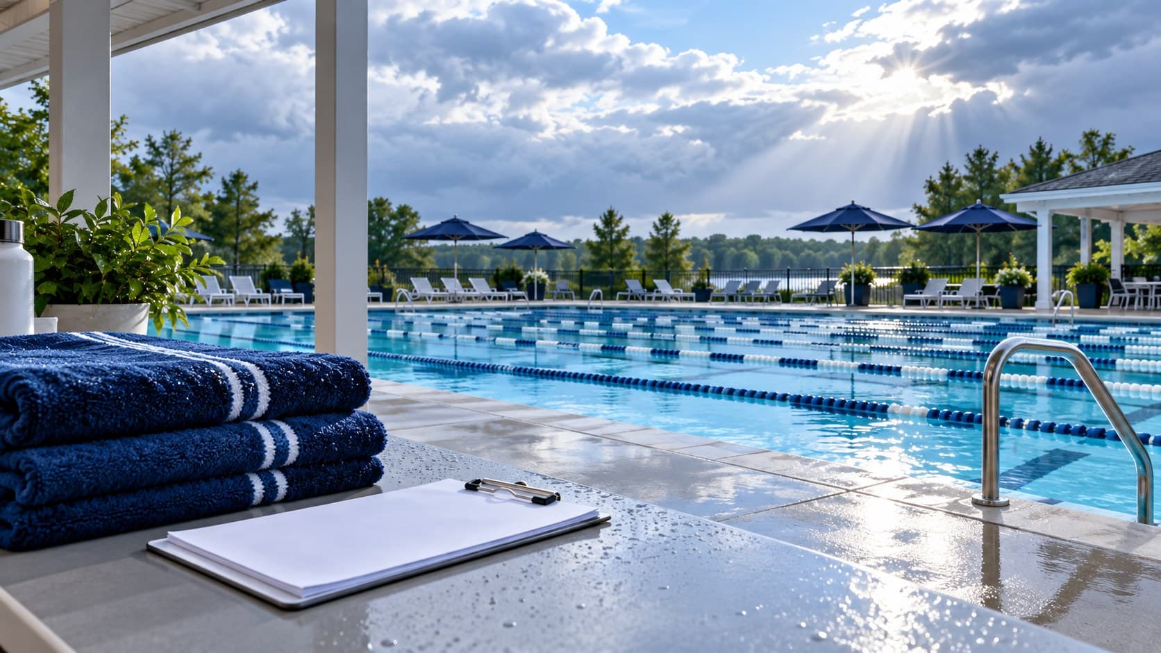 Clipboard and navy towels beside a quiet outdoor club pool after rain.