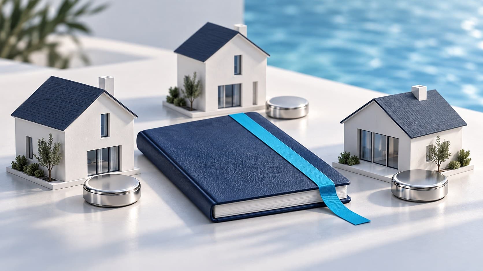 Model households beside a navy ledger representing household account reviews.