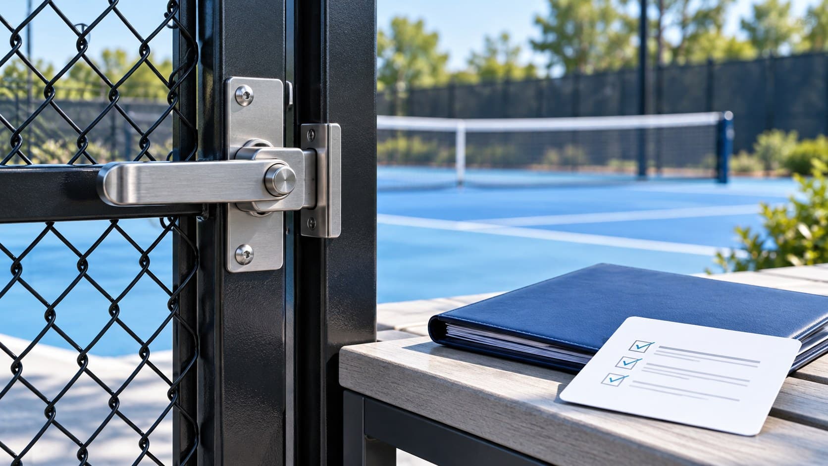 Close view of a tennis-court gate and a maintenance checklist.