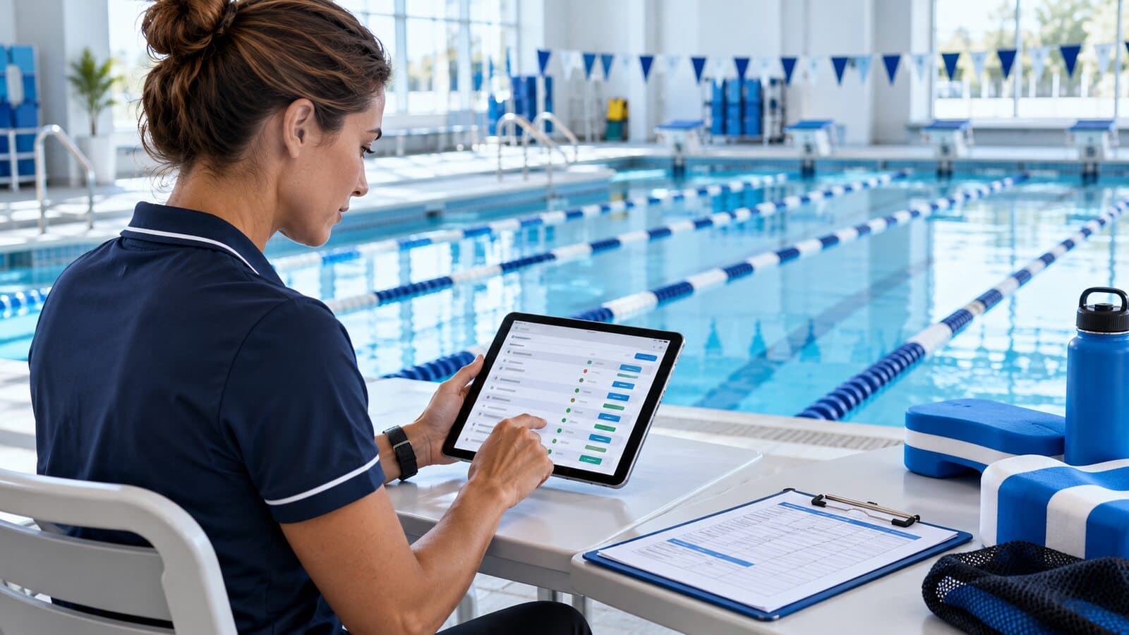 Pool manager reviews a program waitlist and available openings on a tablet.