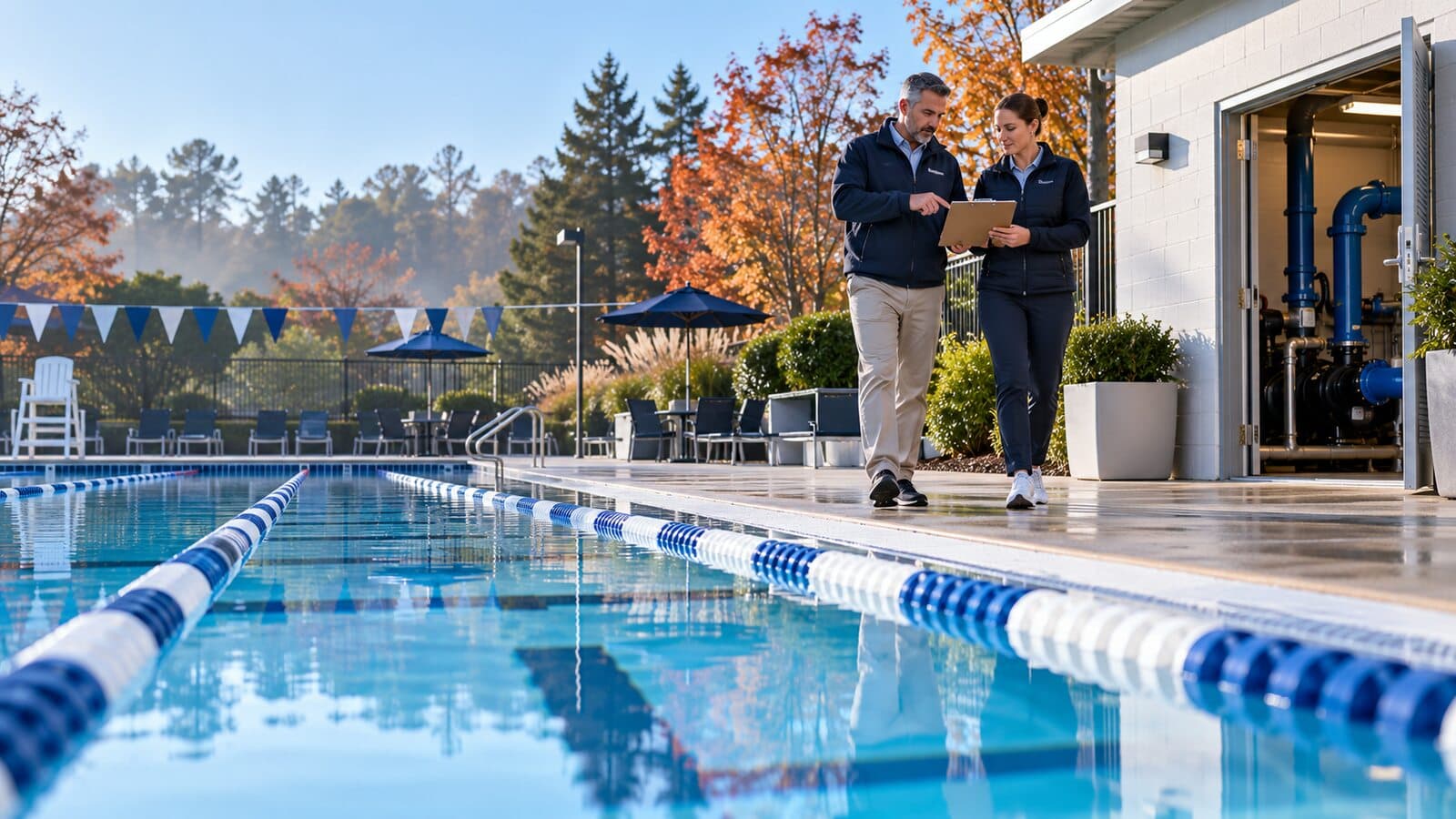 Facilities lead and club manager review maintenance priorities on a quiet autumn pool deck.