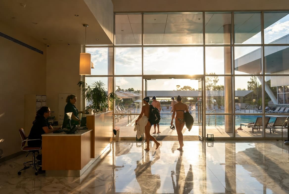 Swim club lobby representing a well-organized club operation