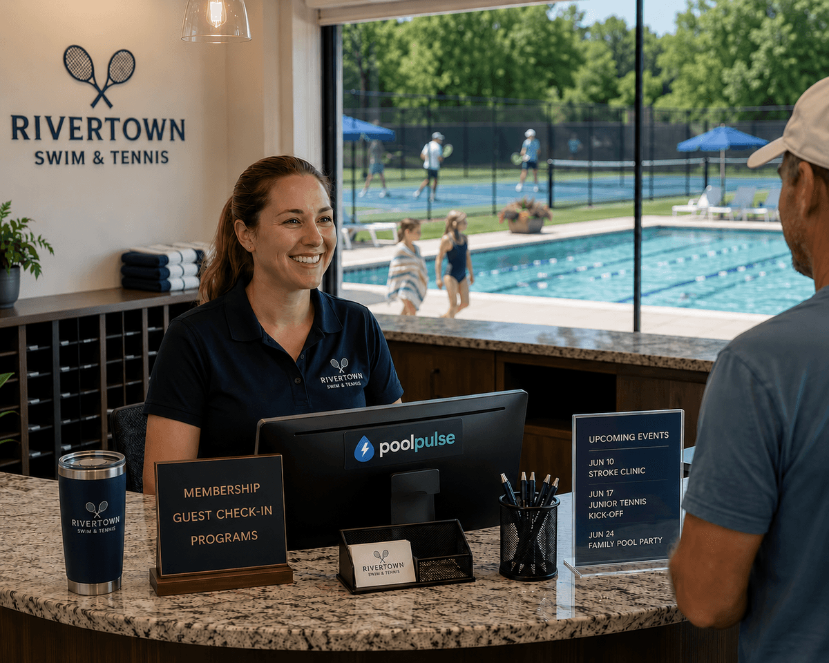 Front desk at a tennis and swim club with courts and pool visible behind the lobby