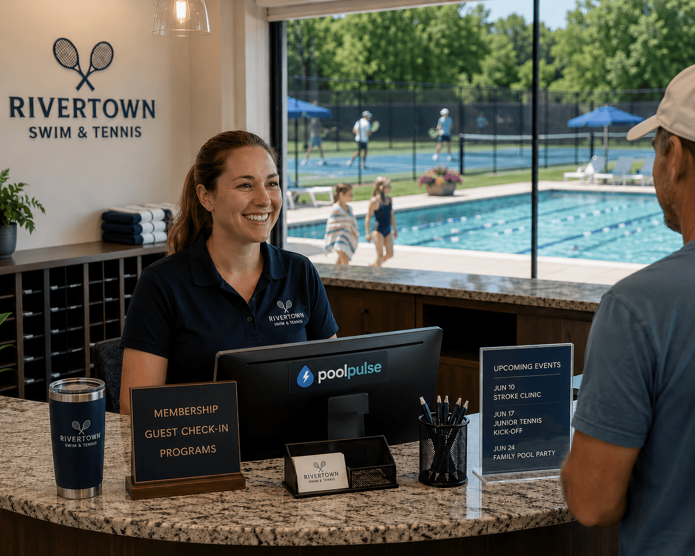 Front desk at a tennis and swim club with PoolPulse visible on screen