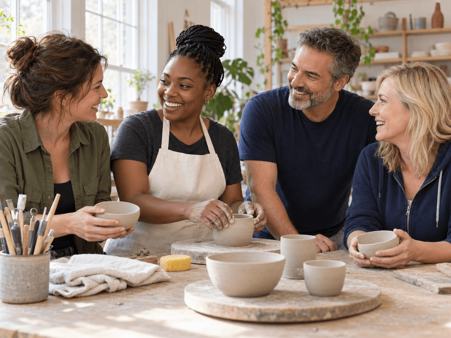 Community members enjoying a pottery workshop together