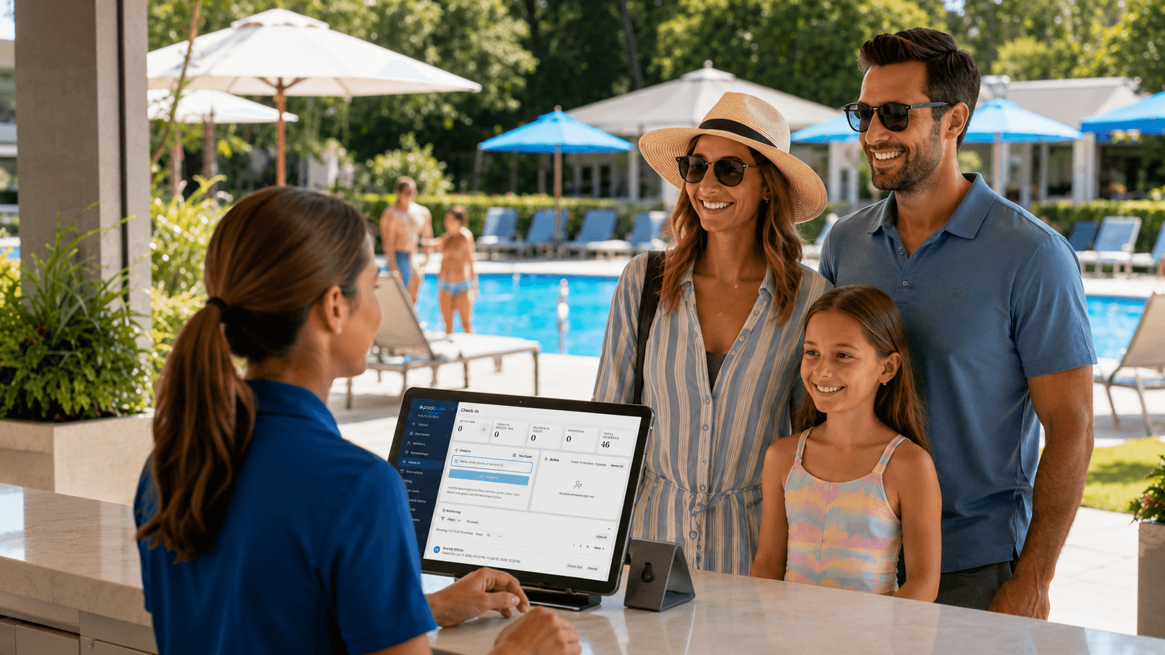 Family checking in at a swim club front desk with PoolPulse on the staff tablet