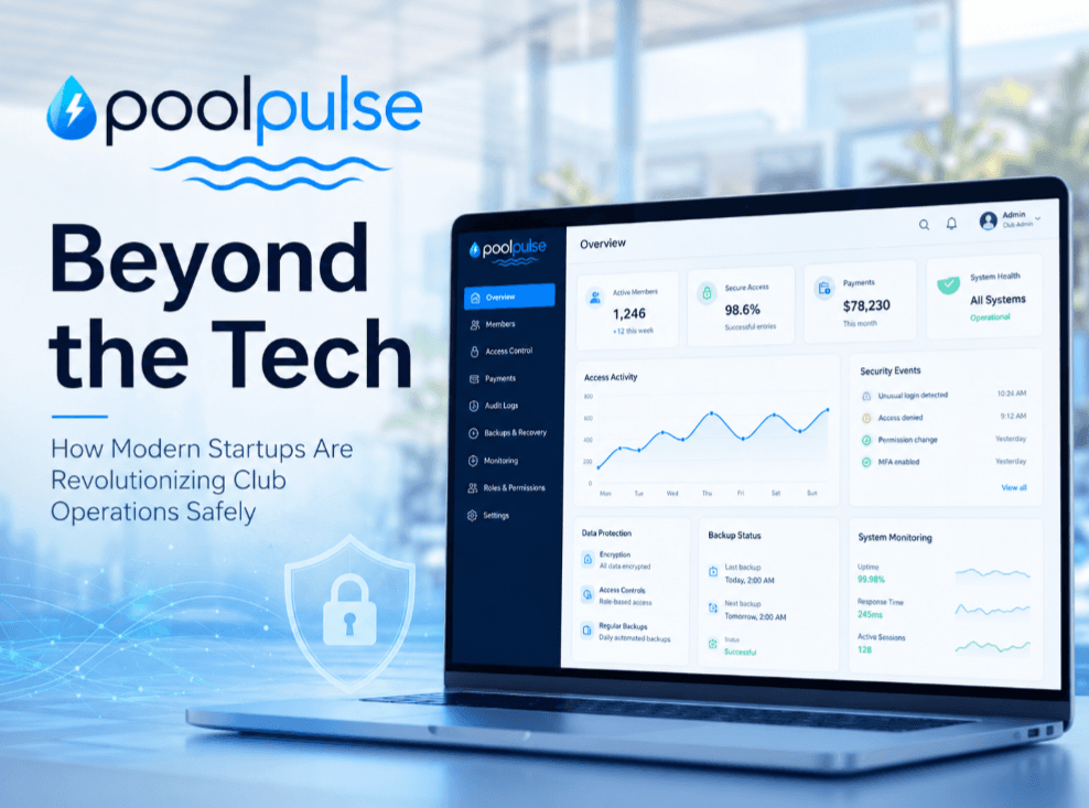 PoolPulse dashboard showing modern club operations, secure access, payments, audit logs and data protection