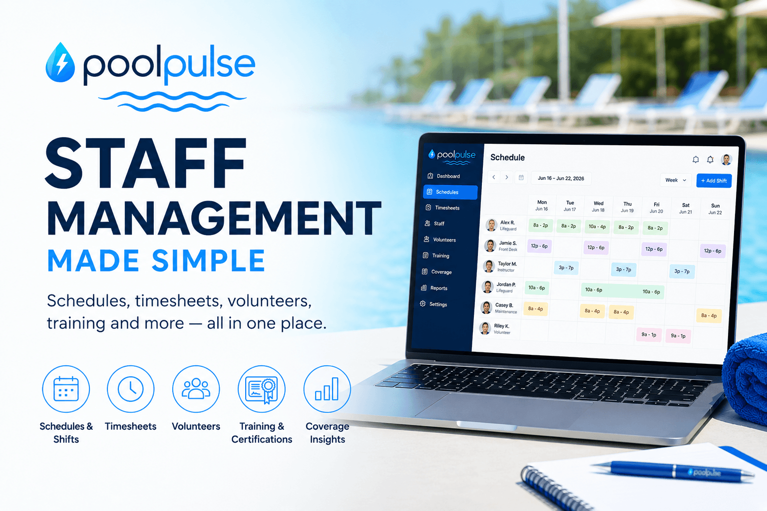 Club manager reviewing staff schedules, volunteer assignments, timesheets, and training records in PoolPulse.
