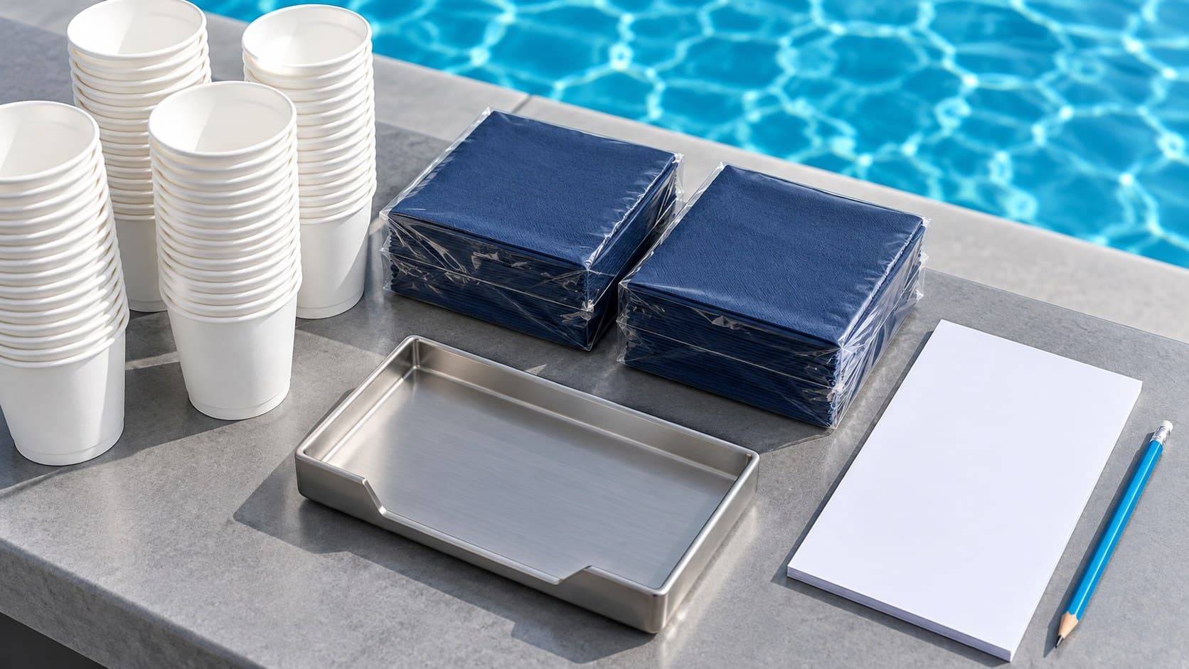 White cups and navy napkins laid out for a snack-bar stock count.