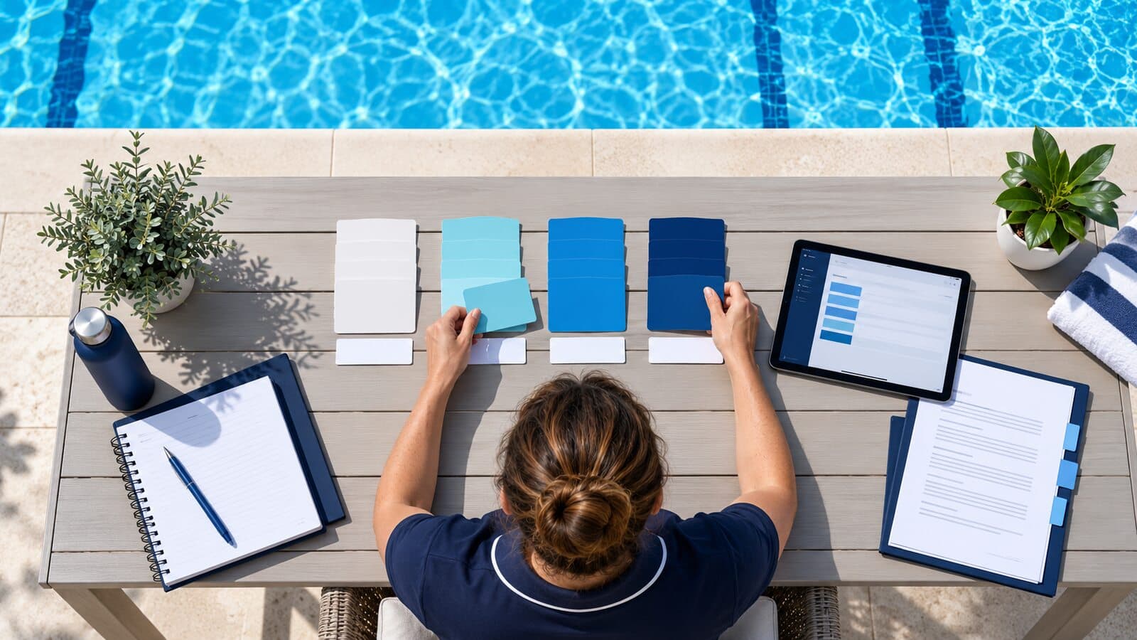 Club administrator organizes membership fee categories at a poolside planning table.