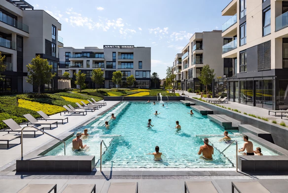 Community pool with seating and clear facility visibility